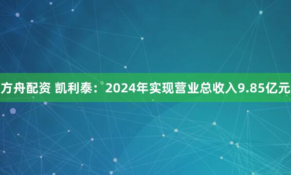方舟配资 凯利泰：2024年实现营业总收入9.85亿元